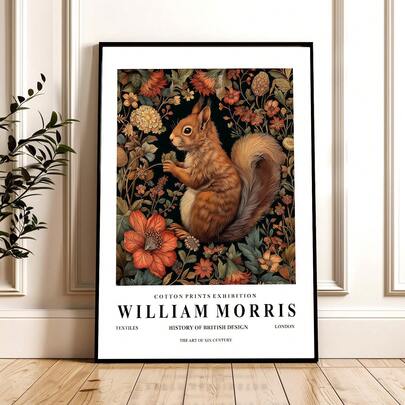 1幅无框威廉·莫里斯风格松鼠艺术版画，异想天开的花卉海报，色彩缤纷的植物野生动物墙饰，复古美学画作，适用于客厅、卧室、宿舍、房间装饰，趣味海报，墙面装饰画，大学宿舍必备，返校季，独特礼物和家居装饰