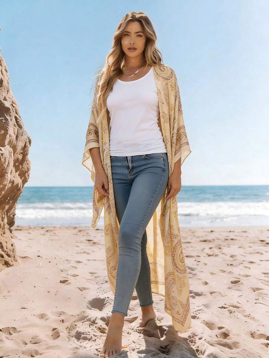 Beautiful Nomad Áo khoác ngoài tay cánh dơi họa tiết hoa điều cổ điển dành cho nữ, kiểu dáng rộng rãi, bất đối xứng, dài, thoải mái, thích hợp mặc đi làm, chống nắng, kiểu kimono rộng rãi, đi biển. - gừng - Xem 1