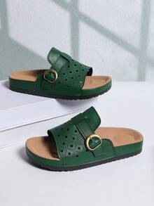 Sandálias Rasteiras Femininas, Chinelos de Praia Slip-On, Sola Grossa, Confortáveis e Elegantes, Design Floral com Corte a Laser Preciso, Adequado para Casa, Exterior, Praia, Caminhada - Verde - Visão 10