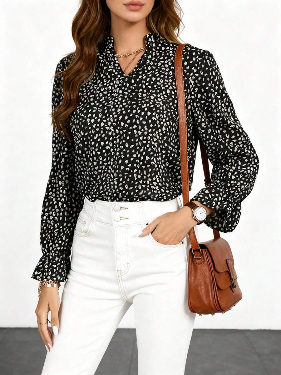 Women's Floral Print Ruffle Sleeve Blouse, Casual & Fashionable For Everyday Wear - Black - View 1