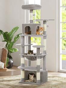 PAWZ Road Torre per gatti alta 164 cm con spaziose amache, grotte e tiragraffi, cuccia per gatti con doppi trespoli imbottiti per gatti da interno di grandi dimensioni - Grigio - Visualizzare 11