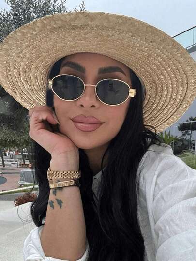 1 pieza Gafas de mujer con montura metálica ovalada retro, elegantes y de moda, adecuadas para vacaciones en la playa, viajes al aire libre, uso diario casual, con un estilo vintage de montura ovalada, apropiadas para salidas, escuela, vacaciones de verano en la playa y otros escenarios