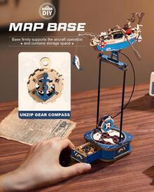 Robotime ROKR Weight Swing 3D Wooden Puzzle - Available In Two Styles: Dynamic Biplane Model And Nautical Boat Model. Features Gravity Swing Function, Movable Propeller, And Hidden Drawer. 180+ Pieces. Suitable For Adults And Teenagers As A Desktop Decoration - Blue - View 5