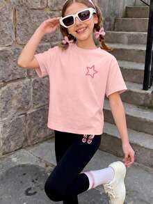 Bộ 2 món gồm áo thun ngắn tay và quần legging in hình nơ và mèo con dễ thương cho bé gái, chất liệu mềm mại và thoải mái, phù hợp cho mùa xuân/hè, quần áo trẻ em/thiếu nữ, quà tặng ngày Valentine. - Nhiều màu - Xem 11