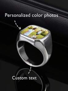 1pc Fashionable Customized Photo Laser Engraved Text Stainless Steel Square Geometric Stamp Gold/Silver Unisex Ring, Personalized Jewelry Gift For Valentine's Day, Mother's Day, Father's Day, Graduation, Baptism Souvenir - Multicolor - View 8