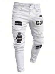 Jeans masculino casual com bolso rasgado e carta remendada