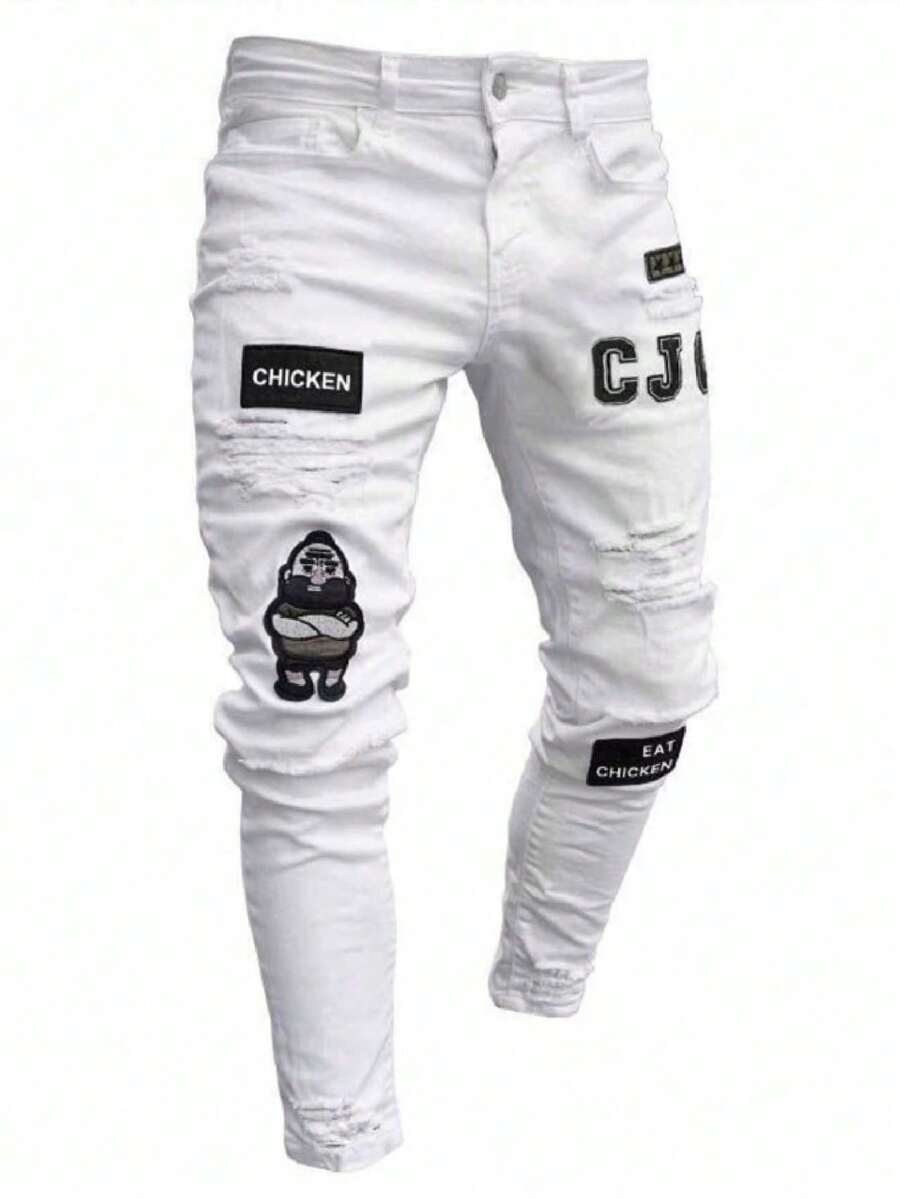 Men's Letter Patched Ripped Pocket Casual Denim Jeans - White - View 1