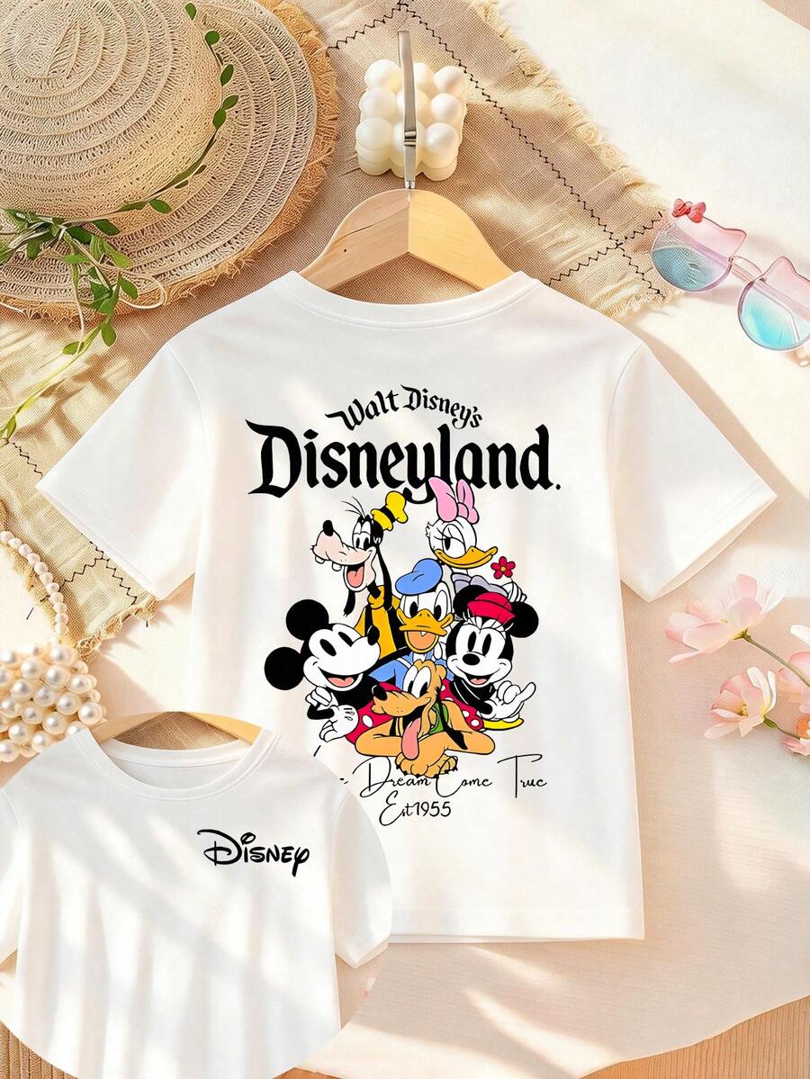 Disney Apparel Featuring A Classic Double-Sided Print Of Mickey Mouse And His Friends On This Girls' T-Shirt. This Soft, Breathable Short-Sleeve Crew Neck Tee Is Perfect For Spring And Summer Wear, Ideal For Everyday Outfits, Vacation Leisure, Outdoor Adventures, School Life, And Shopping Trips. It Also Makes An Excellent Gift For Boys And Girls Alike. Every Child Deserves One. - White - View 1