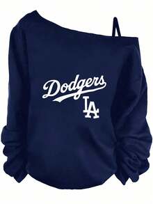 Valentine's Day Outfits For Women, Dodgers Graphic Print, Off-The-Shoulder Sweatshirt, Casual Streetwear, Relaxed Fit-Vacation Outfits Women, Beachwear, Resort Wear, Summer Tops - 藏蓝色 - 查看 7