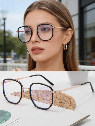 1pc Metal Frame Geometric Decor Eyeglasses, New Fashion Butterfly Shaped Frames For Women, Petite Face, Lenses, Prescription Strength 50-600 Degrees, Japanese Style, Chestnut Color, Viral On Social Media, Unisex Retro Round Frame Glasses, Oversized Frames For Women, Makeup-Free Enhancer, Factory Direct
