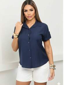 Women's Short-Sleeved Dress Shirt, Plain, Lightweight Viscose Fabric - 藏蓝色 - 查看 1