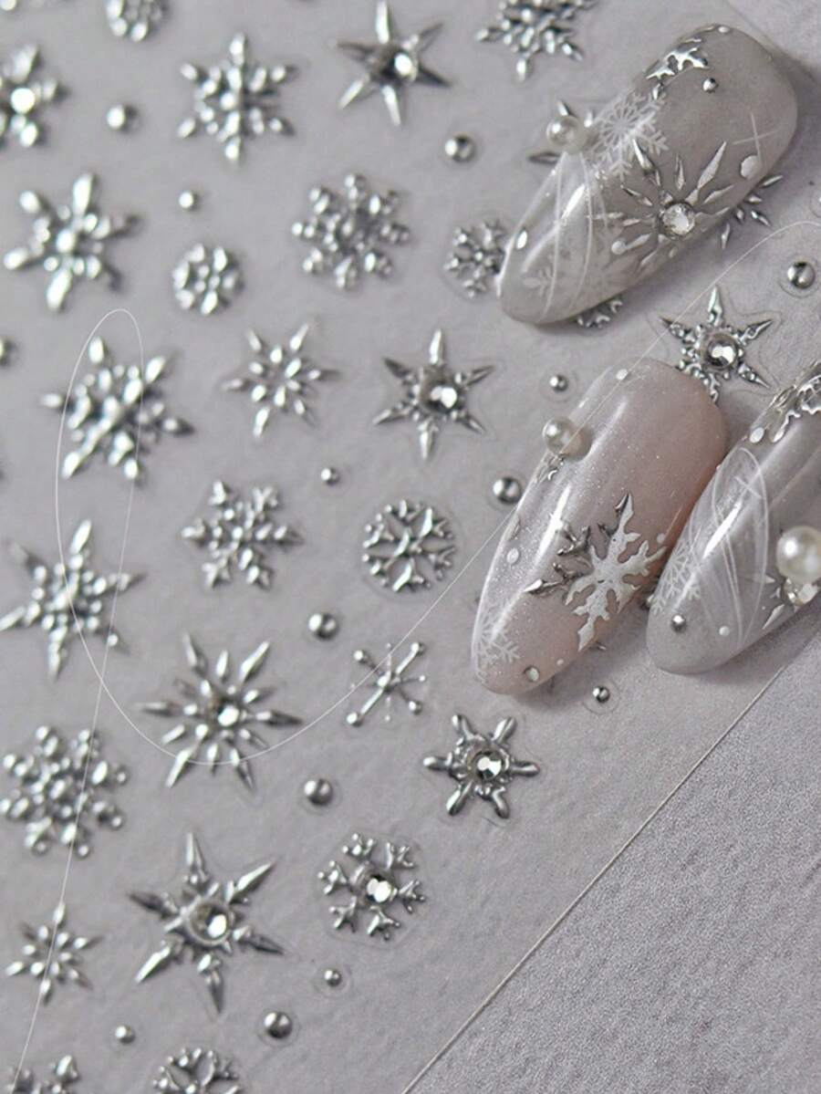 1pc Shiny Silver Snowflake Winter 5D Nail Stickers, Large Shiny Ice Crystal Embossed Nail Decals, Self-Adhesive Nail Art Decorations, Suitable For Christmas Holiday Party And Gifts - Multicolor - View 1