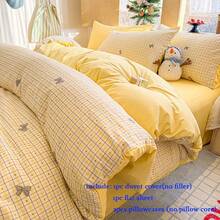 Bộ ga trải giường 4 món, bộ ga trải giường kẻ caro màu vàng mù tạt cổ điển, bộ chăn ga gối bằng polyester mềm mại, thoáng khí, thoải mái, trang trí phòng ngủ phong cách Hàn Quốc nhẹ nhàng, với họa tiết nơ và trái tim, phù hợp cho mọi mùa, ngày Valentine, tháng Ramadan, bao gồm 1 vỏ chăn (không kèm ruột chăn), 1 ga trải giường, 2 vỏ gối (không kèm ruột chăn) - Nơ chanh - Xem 4