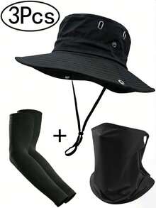 1/3pcs Sun Hats +Arm Sleeves+Neck Gaiter For Men Women Bucket Hat UPF 50+ Boonie Hat Foldable Sun Protection Hiking Beach Fishing Summer - C - View 1