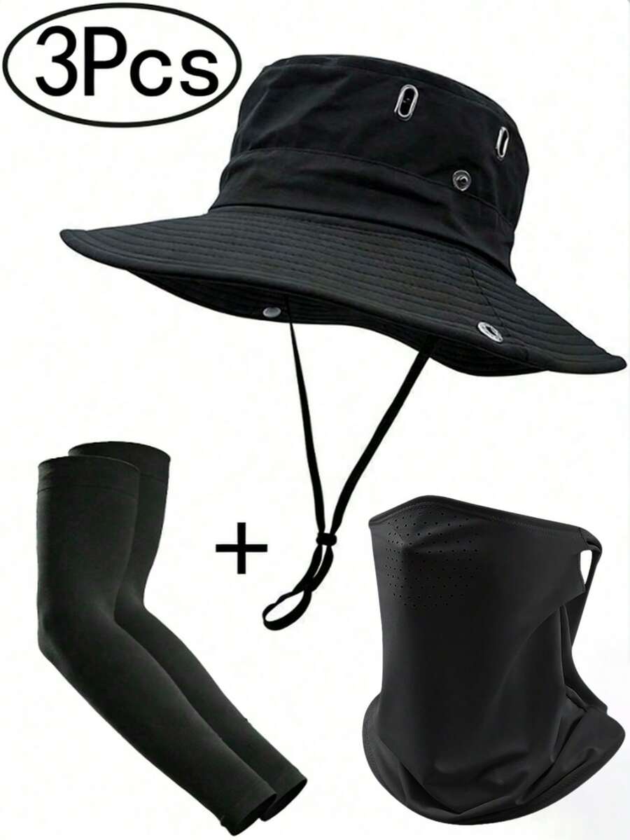 1/3pcs Sun Hats +Arm Sleeves+Neck Gaiter For Men Women Bucket Hat UPF 50+ Boonie Hat Foldable Sun Protection Hiking Beach Fishing Summer - C - View 1