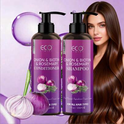 ECO FINEST 洋葱生物素迷迭香洗发水和护发素套装，令秀发柔软亮泽，有效隔热控油，是夏季的理想之选。修复受损发质，蕴含洋葱提取物、迷迭香、生物素和荷荷巴油等天然保湿成分，滋养头皮，去除头皮屑，强韧发丝，抚平干燥毛躁的头发。