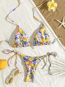 Bộ bikini gợi cảm buộc dây cổ, in hình chanh, dành cho nữ, thích hợp mặc đi biển mùa hè. - Màu Hồng baby - Xem 4
