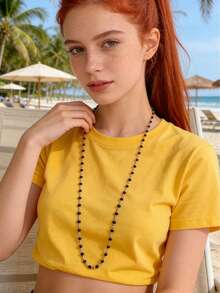 1pc Minimalist Black Glass Bead Y-Shaped Necklace, Versatile Long Necklace With Black & White Beads, Bohemian Sexy Deep V Necklace, Y-Shaped Body Chain, Suitable For Galas And Parties - Multicolor - View 2