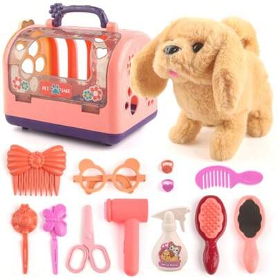 NEW KIOVINO Juguetes de Perro Robot Set Perro de Peluche Electrónico Que Camina y Ladra Cuidado de Mascotas Playset Grooming Toy Pretend Play Regalos para Niñas de 3 4 5 6 8 años de Edad