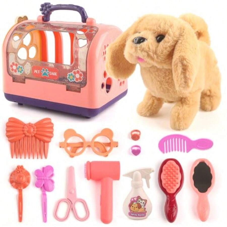 NEW KIOVINO Juguetes de Perro Robot Set Perro de Peluche Electrónico Que Camina y Ladra Cuidado de Mascotas Playset Grooming Toy Pretend Play Regalos para Niñas de 3 4 5 6 8 años de Edad - como en la foto - Ver 1