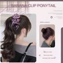 女士优雅紫色玫瑰香蕉夹马尾辫发夹 - 卷曲波浪发圈发夹，适合派对、婚礼、日常 - 打造正式和休闲蓬松发型，派对发饰，花朵发夹，牢固固定 - 彩色 - 查看 2