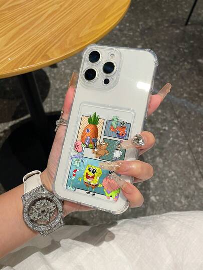  1pc Cute & Fun Transparent Card Holder Case, Minimalist Design - Patchwork Spongebob & Teddy Bear Painted Pattern, Shockproof Phone Case Compatible With IPhone 11/12/12 Pro Max/14 Pro Max/15/15 Pro/16/16 Pro Max/17 And Other Models