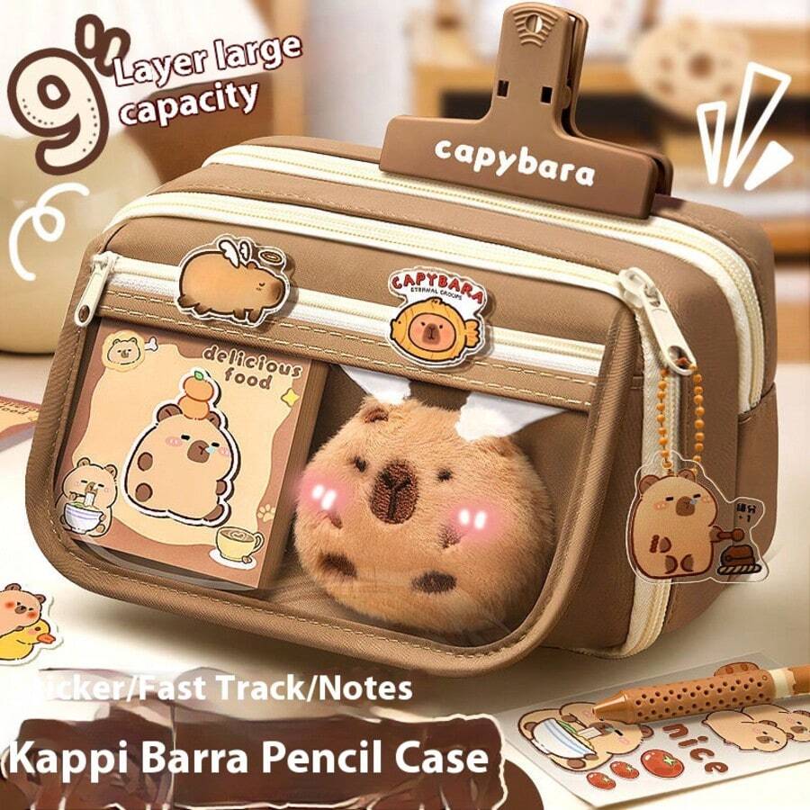 1pc New Minimalist Solid Color Capybara Student Stationery Storage Bag, Multi-Layer Large Capacity, Attractive Stationery Organizer Box, Multifunctional Cosmetic Storage Bag, Back To School Essential