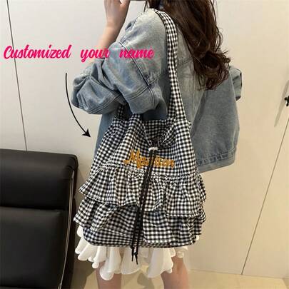 Customized Elegant Casual Large Capacity Plaid Tote Bag For School, Commute, Versatile Handbag, Sweet Shoulder/Underarm Bag For Women, Cute College Style Plaid Canvas Bag, Women's Shoulder Bag Large Capacity Tote Bag, Korean Style Lace Tassel Hem Plaid Tote Bag For Women, Large Capacity Fashionable Niche Casual Shoulder Bag, Suitable For Shopping, Commuting, Vacation, Travel.