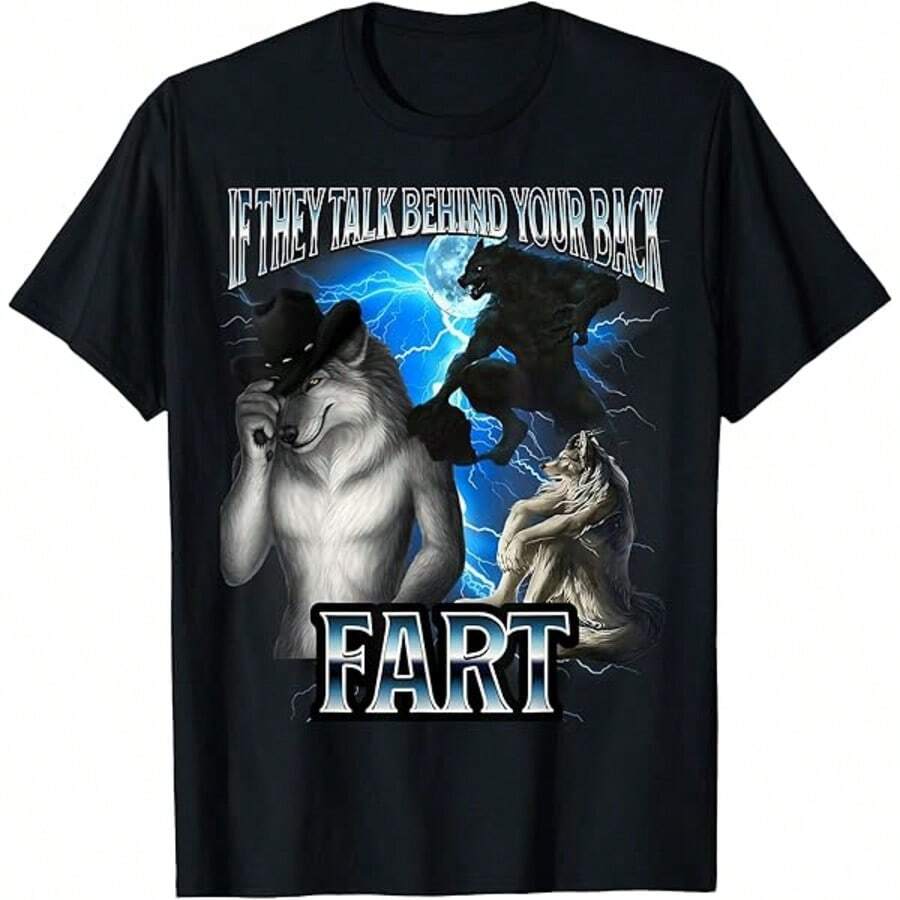 1 Pcs Casual 100% Cotton Men Soft Short Sleeve Tee, Funny Cool Wolf Meme Slogan Graphic Print For Summer Street Travel Concert Daily Party Outfits - 黑色164 - 查看 1