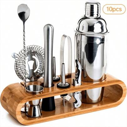 Bartender Kit-Cocktail Shaker Set 10 PC Bar Tool Set With Sleek Bamboo Stand Base, Kitchen Martini Shaker And Bar Tools, Perfect Home Bartending Kit For An Awesome Drink Mixing Experience