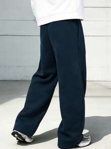 Men's Solid Color Drawstring Pocket Casual Sports Pants Loose Black Loose Fit Long Pants - Navy Blue - View 3