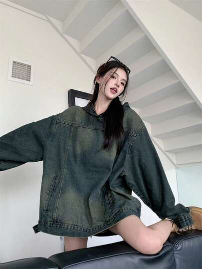 Oversized Distressed Denim Hoodie Jacket, Vintage American Design