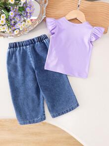2pcs Baby Girls Casual Purple Cap Sleeve Top + Blue Pants Set, Spring/Summer - Mauve Purple - View 2