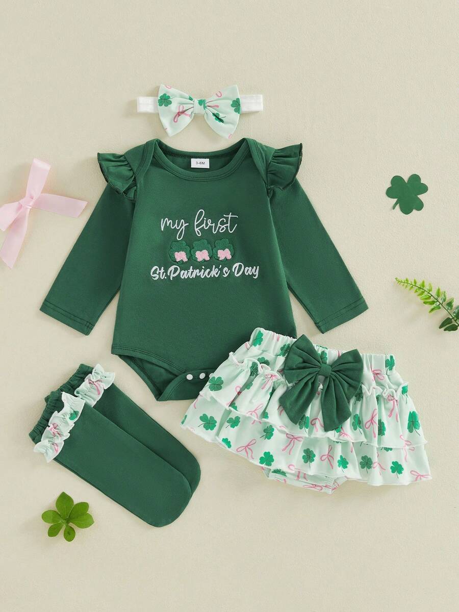 Conjunto de traje de festival irlandés para niñas pequeñas, mono de manga larga con cuello redondo, bordado de letras y trébol, diadema, falda corta con volantes y calcetines - Verde - Ver 1