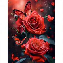 DIY钻石画套装，亮红色玫瑰与蝴蝶图案，初学者钻石绣套装，完美水钻贴纸，必备家居墙面装饰 - 彩色 - 查看 7