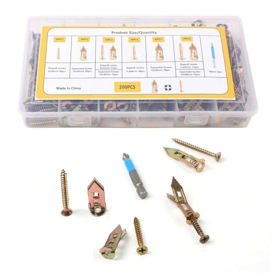 FNLGTN Self-Drilling Wall Anchor Screws Set, 400 Pieces, 4 Sizes, No-Drill Installation Kit With Zinc Plated Steel Dry Wall Screws No Drilling Required, Easy To Install (200) - ColorB - 查看 1