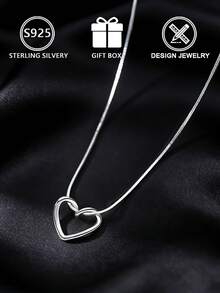 1件925纯银镂空心形吊坠项链（简约心形设计），含礼盒，适合日常佩戴和情人节礼物 - 銀色 - 查看 4