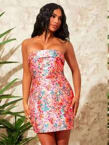 Zhen Ai Plus Size Women's Elegant Tie-Dye Floral Print Strapless Mini Dress, Suitable For Daily Wear, Outdoor, Dating, Afternoon Tea, Vacation, Graduation, Party Dress, For Cocktail - Multicolor - View 1