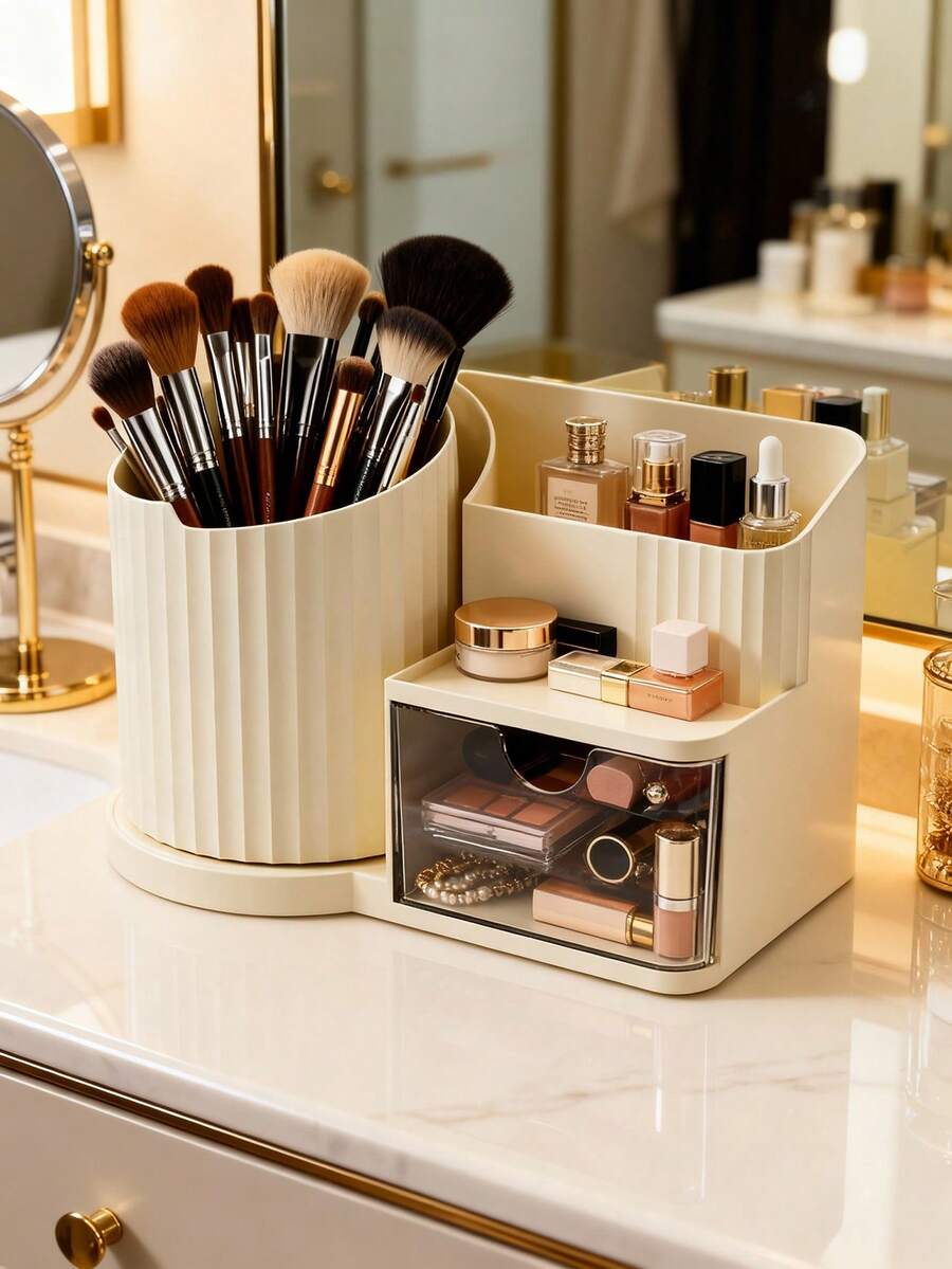 1pc Rotating Drawer Organizer Box, Compartment Storage Box, Rotating Compartment Storage Box, Cosmetic Display Rack, Makeup Storage & Display Tray, Desktop Storage & Display Box, Cosmetic Storage Box, Makeup Storage Case, Jewelry Tray, Storage, Organized, Organizer, Vanity Perfume Storage Box, Makeup Brush Holder, Makeup Brush Storage Rack, Room Organization Storage