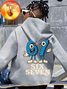 青少年男孩“意大利脑腐烂趣味数字67”图案套头卫衣，保暖舒适，内衬保暖层，适合秋冬季节穿着，适合活泼男孩日常穿着、街头服饰和校园装扮。 - 灰色 - 查看 5