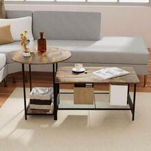 Diseño 2 en 1 con Mesa Rectangular con Almacenamiento y Mesa Auxiliar Redonda, Bossa Juego de 2 Mesas de Centro para Sala Clai – Estilo Industrial Marrón y Negro - por defecto - Ver 9