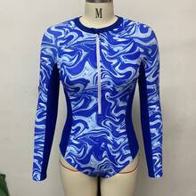 1pc Women's One-Piece Swimsuit, Triangle Design, Long Sleeve, Slimming, Suitable For Hot Spring, Beach, Holiday - Blue and White - View 6