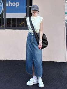 休闲时尚水洗开衩中长牛仔裙 春季 - 霧霾藍 - 查看 6