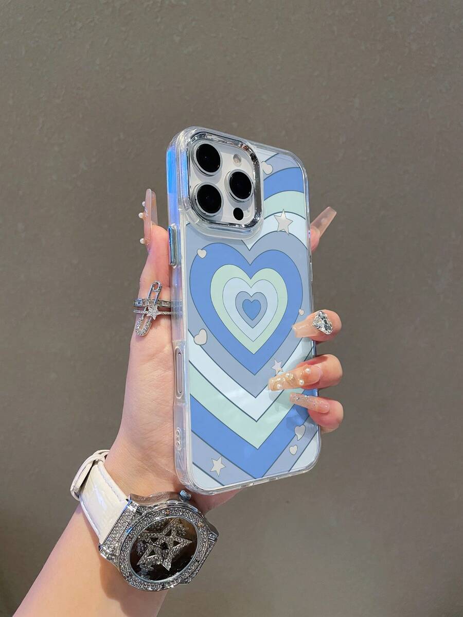 1pc Valentine's Day Blue Heart & Star Pattern Metal Frame Shockproof TPU Phone Case, Suitable As Gift Compatible With Apple Xs/Xsmax/Xr/11 12 13 14 15 16 17pro/Promax/14 15 16plus - Multicolor - View 1