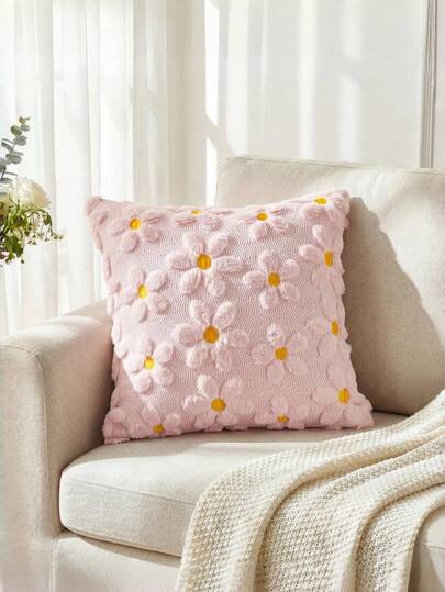 Spring Summer Pink Daisy Throw Pillow Covers Set Of 1, Seasonal Holiday Farmhouse Decor Yellow Flower Heart Soft Plush Faux Fur Jacquard Cushion Case For Home Sofa