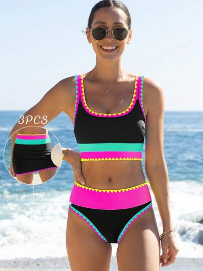 popvil Women Sporty Color-Blocked Shell Trim Bikini Three Pieces Set With U-Neck Top, High Waist Bottom And Swim Skirt For Summer Holiday Vacation Beach