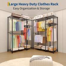 Dragonpad 76.5inch Tall Heavy Duty Clothes Rack Garment Rack For Hanging Clothes, Freestanding Clothes Rack Portable Closet Organizer And Storage With Hanging Rods, Adjustable Shelves Closet Wardrobe For Bedroom Cloakroom - (2+1) 76.5"H X 41.6"L X 15.5"W - View 4