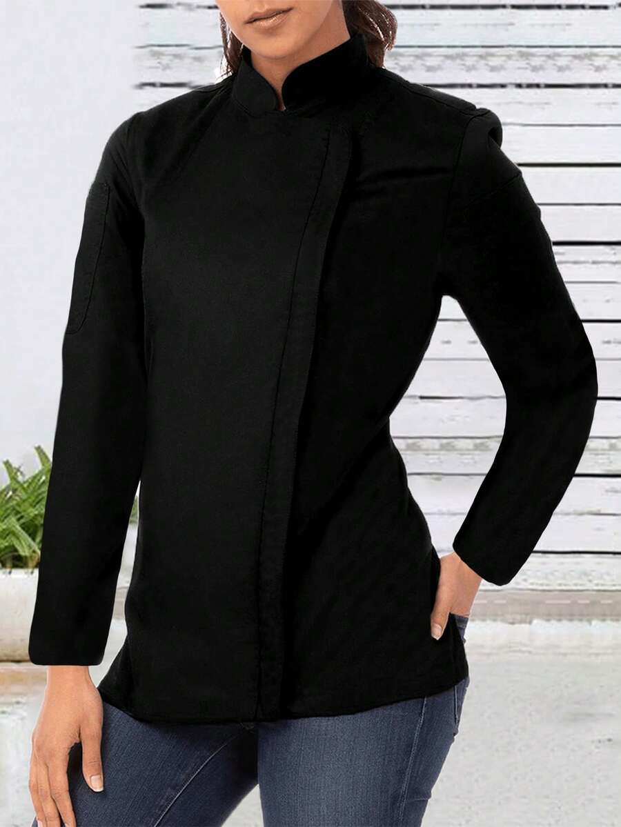 Camisa de trabajo de manga larga con cuello alto y cremallera, de unicolor, para mujer de talla grande, color negro, para primavera - Negro - Ver 1