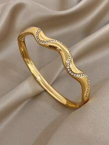 1pc Minimalist Wave Bracelet, Women's Elegant Gold-Tone Bracelet, Stackable, Suitable As Christmas Party Jewelry Gift - Multicolor - View 3