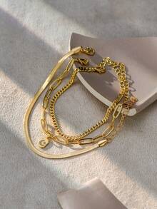 3pcs/Set Fashionable Minimalist Multi-Layer Gold-Tone Bracelet, Classic Chic Summer Vacation Gold Zirconia Star Moon Square Pendant Necklace & Stainless Steel Blade Chain Layered Bracelet For Women (Chain, Clasp & Bead Quantity Random) - Yellow Gold - View 2